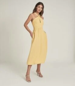 Reiss Orla Halterneck Midi Dress, Yellow