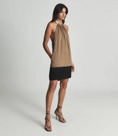 Reiss Pascal Halterneck Satin Mini Dress, Caramel/Brown 1 Reiss Pascal Halterneck Satin Mini Dress, Caramel/Brown