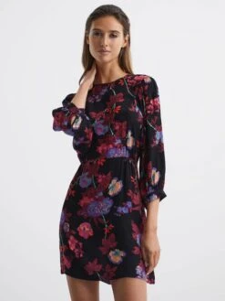 Reiss Paulina Fitted Floral Print Mini Dress, Black/Multi
