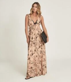 Reiss Peach Floral Printed Maxi Dress, Blush Pink/Orange