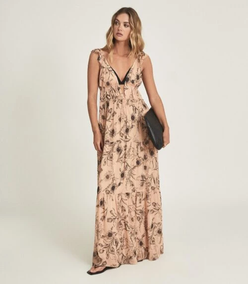 Reiss Peach Floral Printed Maxi Dress, Blush Pink/Orange 1 Reiss Peach Floral Printed Maxi Dress, Blush Pink/Orange