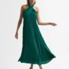 Reiss Roya Halter Neck Pleat Midi Dress, Green