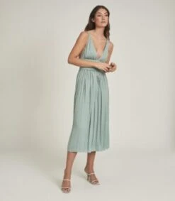 Reiss Saffy Plunge Neckline Midi Dress, Seafoam Green/Sage