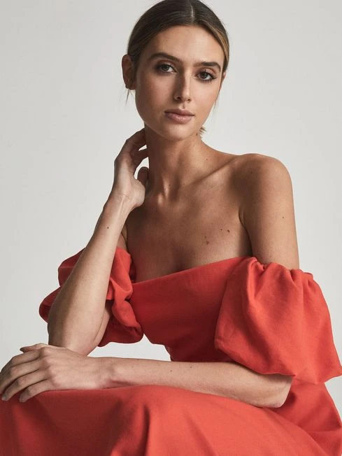 Reiss SHONA Puff Sleeve Off Shoulder Midi Dress, Red 1 Reiss SHONA Puff Sleeve Off Shoulder Midi Dress, Red