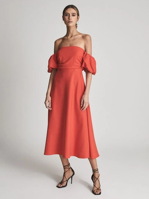 Reiss SHONA Puff Sleeve Off Shoulder Midi Dress, Red 2 Reiss SHONA Puff Sleeve Off Shoulder Midi Dress, Red - Image 2