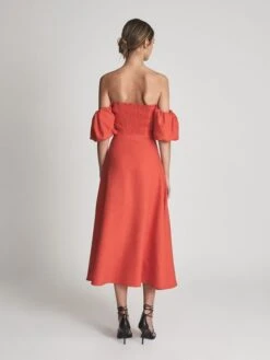 Reiss SHONA Puff Sleeve Off Shoulder Midi Dress, Red 5 Reiss SHONA Puff Sleeve Off Shoulder Midi Dress, Red -EleganceWear Store reiss shona puff sleeve off shoulder midi dress red3