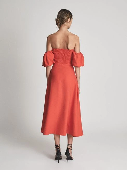 Reiss SHONA Puff Sleeve Off Shoulder Midi Dress, Red 3 Reiss SHONA Puff Sleeve Off Shoulder Midi Dress, Red - Image 3