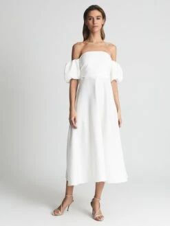 Reiss SHONA Puff Sleeve Off Shoulder Midi Dress, White