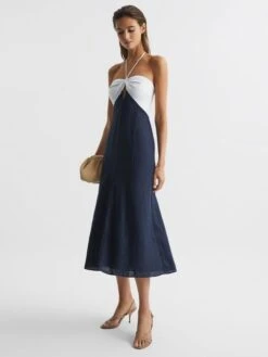 Reiss Sian Linen Colour Block Midi Dress, Navy/White