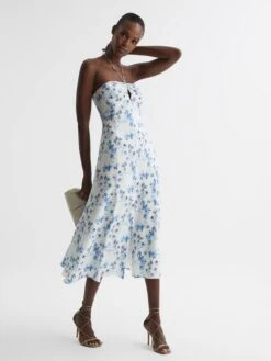 Reiss Sophia Floral Print Halter Neck Midi Dress, Blue/White