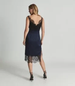 Reiss Tori Lace Trimmed Satin Midi Dress, Navy Blue -EleganceWear Store reiss tori lace trimmed satin midi dress navy blue2 e1635433334432