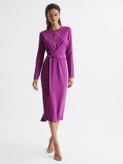 Reiss Valentina Tie Waist Bodycon Midi Dress, Purple