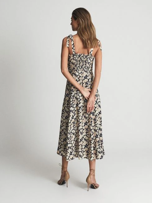Reiss Yanna Print Split Midi Dress, Navy/Nude 2 Reiss Yanna Print Split Midi Dress, Navy/Nude - Image 2