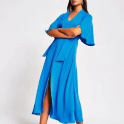 River Island Blue Pussybow Waisted Midi Dress
