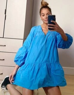 River Island Cotton Poplin Oversized Smock Dress In Blue