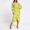 River Island Lime Green Floral Tie Waist Midi Dress, Multi