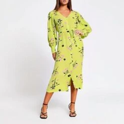 River Island Lime Green Floral Tie Waist Midi Dress, Multi