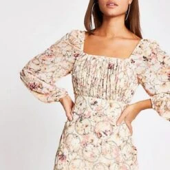 River Island Pink Floral Long Sleeve Bardot Bodycon Dress, Multi