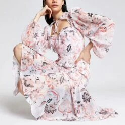 River Island Pink Printed Frill Tie Neck Midi Dress, Multi