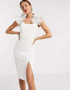 River Island Ruffle Shoulder Midi Dress In White