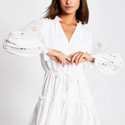 River Island White Long Sleeve Broderie Mini Smock Dress