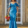 Satin Cami Strap Ruffle Detail Bodycon Bridesmaid Dress In Teal Blue