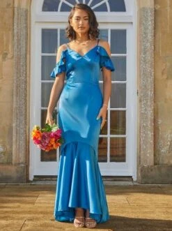Satin Cami Strap Ruffle Detail Bodycon Bridesmaid Dress In Teal Blue