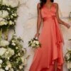 Chi Chi Satin Cami Strap Wrap Midi Bridesmaid Dress In Orange