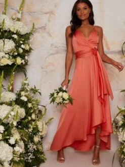 Chi Chi Satin Cami Strap Wrap Midi Bridesmaid Dress In Orange