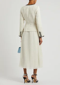 SELF PORTRAIT SELF-PORTRAIT Bouclé-knit And Chiffon Midi Dress, Ivory -EleganceWear Store self portrait boucle knit and chiffon midi dress ivory1