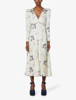 Self Portrait Vintage Floral-print Crepe Midi Dress, Ivory/multi