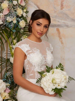 Chi Chi Sheer Floral Lace Wedding Dress In White -EleganceWear Store sheer floral lace bridal wedding dress in white3