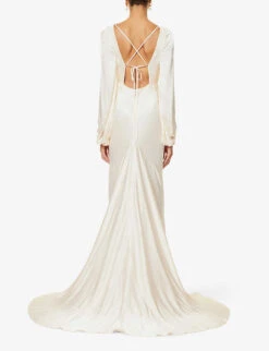 Shona Joy Flared-hem Cut-out Satin Maxi Bridal Dress, Cream -EleganceWear Store shona joy flared hem cut out satin maxi bridal dress cream1