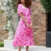 Threadbare Pink Floral Print Midi Dress, Pink/White