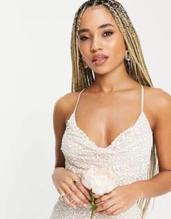 Starlet Bridal Cowl Neck Embellished Midaxi Dress In Scattered Pearly Sequin