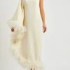 TALLER MARMO Ubud Ivory One-shoulder Feather-trimmed Midi Dress, Ivory