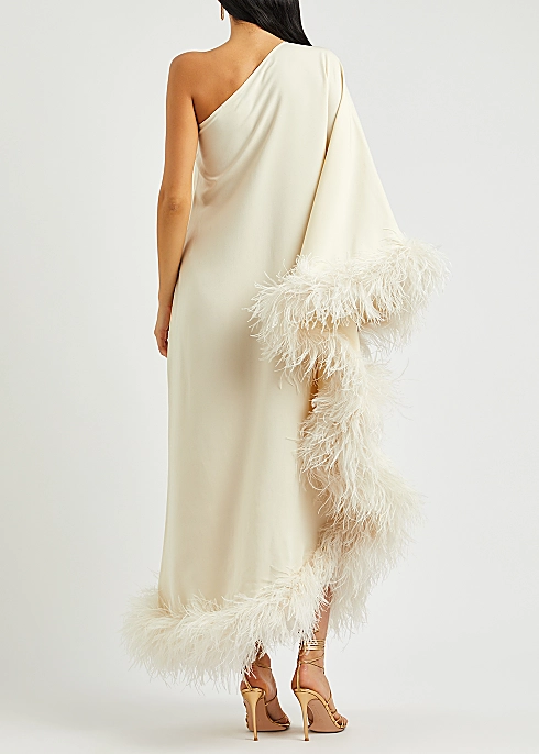 TALLER MARMO Ubud Ivory One-shoulder Feather-trimmed Midi Dress, Ivory 2 TALLER MARMO Ubud Ivory One-shoulder Feather-trimmed Midi Dress, Ivory - Image 2
