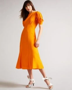 Ted Baker Tulipi Panelled Midi Tea Dress, Dark Orange