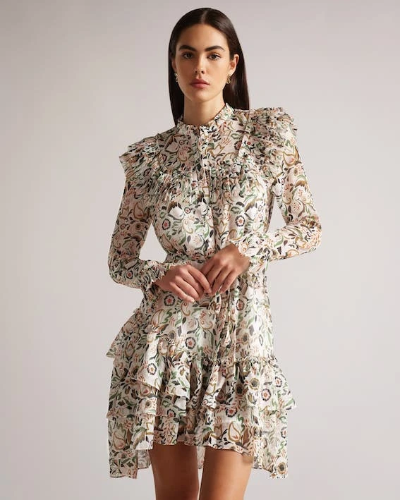 Ted Baker Aishia Ruffle Detail Mini Shirt Dress, Ivory/Multi 1 Ted Baker Aishia Ruffle Detail Mini Shirt Dress, Ivory/Multi