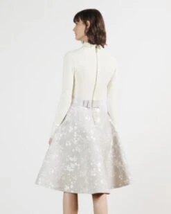 Ted Baker ALDARA Blossom Jacquard Midi Dress, White/Silver -EleganceWear Store ted baker aldara blossom jacquard midi dress white silver2 e1610378528523