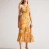 Ted Baker Ansa Cross Front Pleated Midi Dress, Orange/Multi