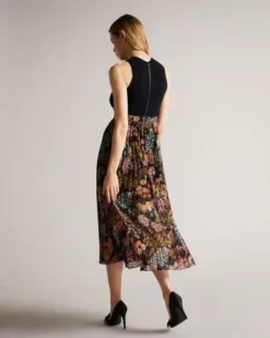 Ted Baker Aquila Cross Front Pleated Dress With Knit Bodice, Black/multi -EleganceWear Store ted baker aquila cross front pleated dress with knit bodice black multi2 e1648566632908