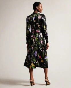 Ted Baker Arianya Blouson Sleeve Floral Midi Dress, Black/Multi -EleganceWear Store ted baker arianya blouson sleeve floral midi dress black multi1 copy