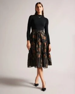 Ted Baker Audria Knit Bodice Dress With Tiered Midi Skirt, Black/multi