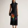 Ted Baker Averiee Slip Midi Dress With Pleated Neckline, Black/Multi