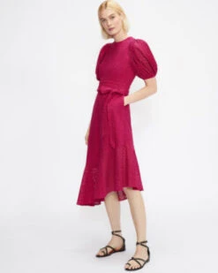 Ted Baker BELLLAA Puff Sleeve Midi Broderie Dress, Deep Pink