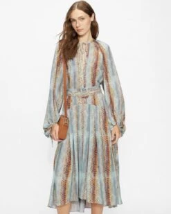 Ted Baker BRITINI Dropped Waist Shirt Dress, Light Blue/Brown