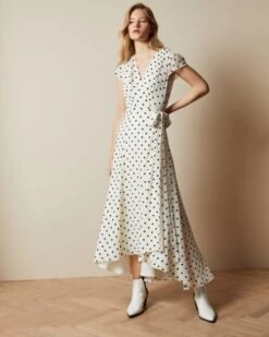 Ted Baker COHLINE Spotted Dip Hem Maxi Dress, Ivory/Black