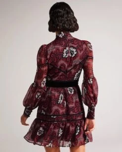 Ted Baker Coriey Ladder Trim Insert High Neck Dress, Red/Black/White -EleganceWear Store ted baker coriey ladder trim insert high neck dress red black white1