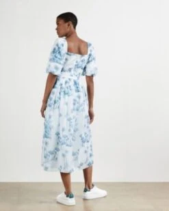 Ted Baker CRESSI Laurel Square Neck Midi Dress, White/Blue -EleganceWear Store ted baker cressi laurel square neck midi dress white blue2 e1613576787506